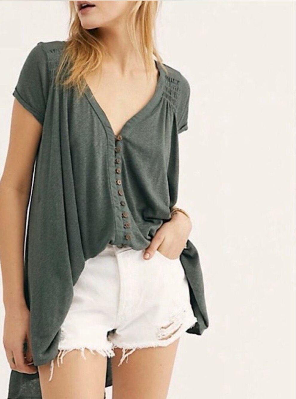 Free People Oversized Highland Tee Button Front Army Green XSmall XS